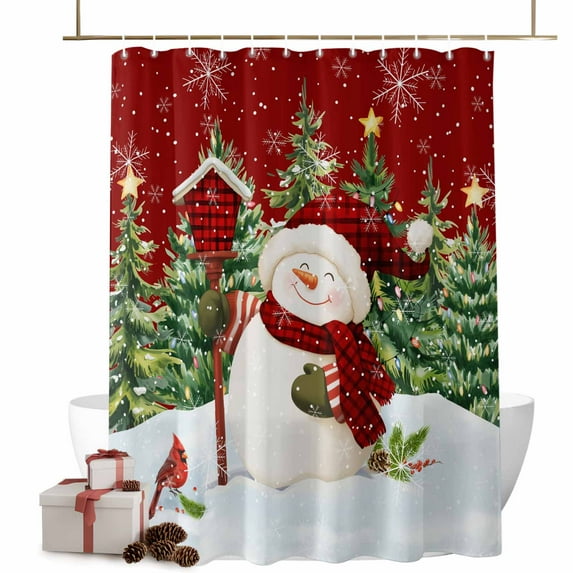 Christmas Snowman Bathroom Shower Curtain Xmas Tree Forest Snowflake Winter Red Waterproof Washable Shower Curtains for Bathtub Bath Decor with Grommets and Hook 54 X 78 Inch