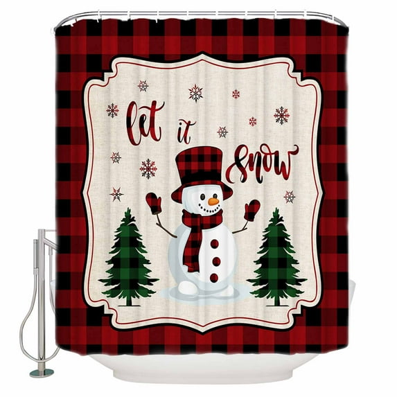 Christmas Snowman Bathroom Shower Curtains with Hooks, and Snowflake Red and Black Buffalo Plaid Waterproof Fabric Washable Shower Curtain for Home Hotel Bathtub Decor 72x72 Inches