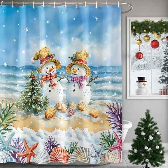 Christmas Snowman Beach Shells Starfish Shower Curtain for Bathroom, Xmas Pine Tree Blue Ocean Waterproof Shower Curtains Washable Quick Dry with Hooks Bathtub Curtains 36x72IN