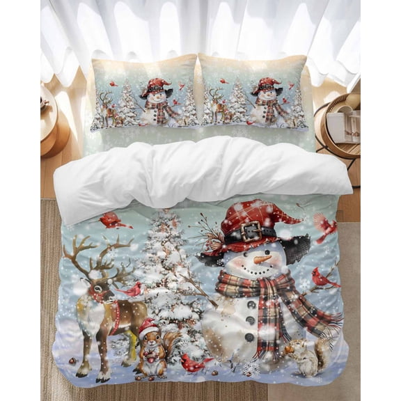 Christmas Snowman Bedding Duvet Cover Set Full Size 4 Pieces Rainbow Xmas Tree Elk Winter Bird Bedding Set with Zipper Closure, 1 Comforter Cover 86x86 Inches 1 Flat Sheet & 2 Pillow Cases