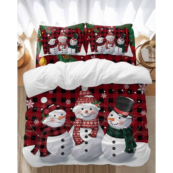 Christmas Snowman Bedding Duvet Cover Set King Size 4 Pieces Pine Christmas Tree Red Plaid Bedding Set with Zipper Closure, 1 Comforter Cover 92x106 Inches 1 Flat Sheet & 2 Pillow Cases