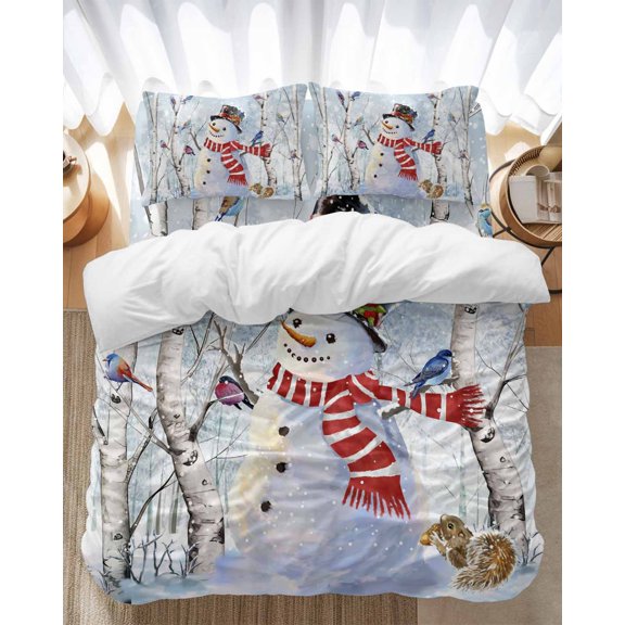 Christmas Snowman Bedding Duvet Cover Set Queen Size 4 Pieces Winter Forster Squirrels Xmas Bird Snowfall Bedding Set with Zipper Closure,1 Comforter Cover 90x90 Inches 1 Flat Sheet & 2 Pillow Cases
