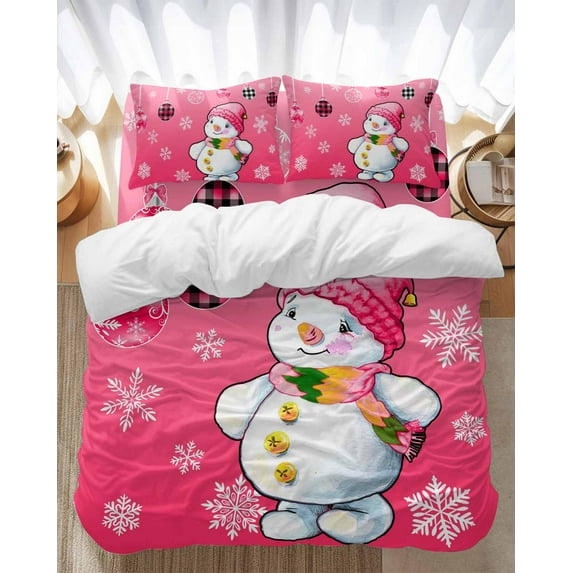 Christmas Snowman Bedding Duvet Cover Set Twin Size 4 Pieces Winter Ball Snowflake Pink Decoration Bedding Set with Zipper Closure, 1 Comforter Cover 68x86 Inches 1 Flat Sheet & 2 Pillow Cases