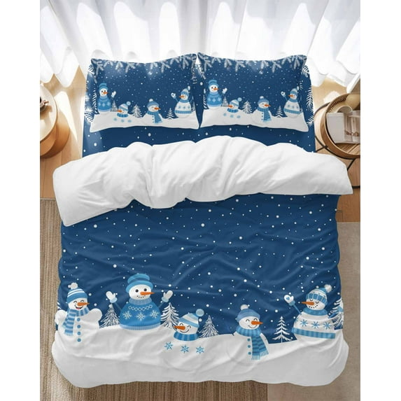 Christmas Snowman Bedding Duvet Cover Set Twin Size 4 Pieces Winter Deep Blue White Snowflakes Bedding Set with Zipper Closure, 1 Comforter Cover 68x86 Inches 1 Flat Sheet & 2 Pillow Cases