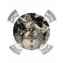 Christmas Snowman Black Table Cloth, Round Fitted Tablecloths with Elastic Edge, Retro Xmas Snowflake Botanical Wipeable Waterproof Table Cover for Kitchen Wedding 36-44 Inches