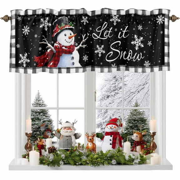 Christmas Snowman Black White Buffalo Plaid Valances for Windows,Kitchen Valance Rod Pocket Short Curtain,Xmas Snow Seamless Valance Curtain Window Valances for Bedroom 54x18in