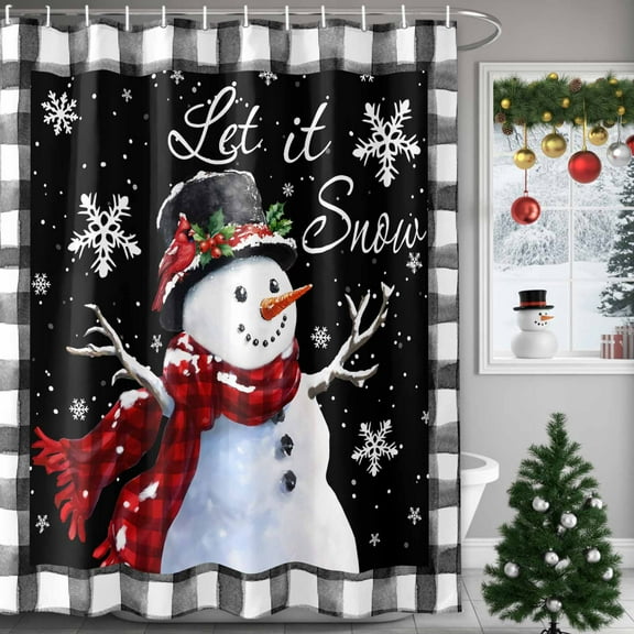 Shower Curtains Sets for Bathroom Decor Christmas Snowman Black White Buffalo Plaid Waterproof Bathroom Curtain with Hooks, Xmas Snow Seamless for Bathroom Decor,36x72IN