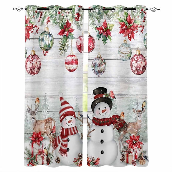 Christmas Snowman Blackout Curtains for Bedroom/Living Room, Thermal Insulated Kitchen Curtains, Xmas Balls Elk Botanical Vintage Grommet Darkening Window Treatment Drapes 52"x72"x2