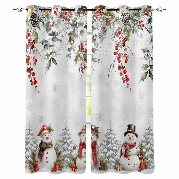Christmas Snowman Blackout Curtains | Light Blocking Print Window Curtains, Xmas Snowflake Berry Botanical Thermal Insulated Window Drapes for Living Room Kitchen Cafe (2 Panels, 104"W x 45"L)
