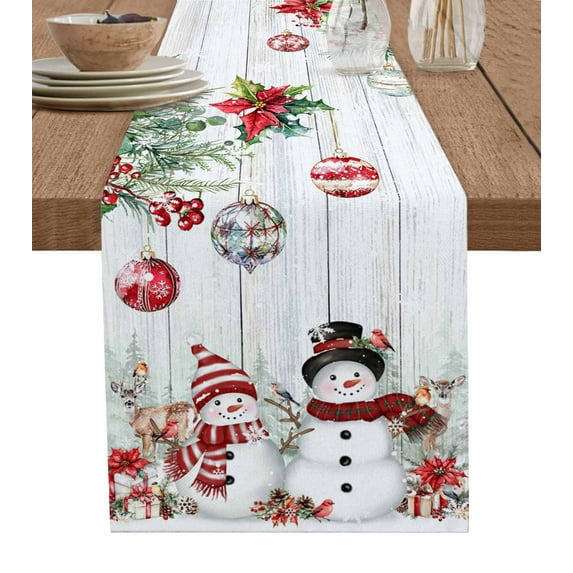 Christmas Snowman Burlap-Cotton Table Runner 72 Inches Long,Xmas Balls Elk Botanical Vintage Farmhouse Table Runners,Outdoor Dining Tablecloths Decor for Baby Shower Party Wedding 18x72