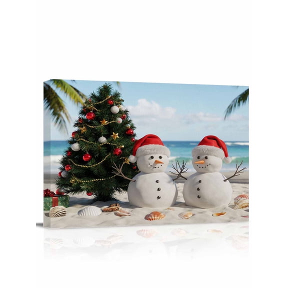 Christmas Snowman Canvas Print Wall Art Abstract Xmas Tree Snowman on Beach Ocean Blue Sky Pictures Painting Morden Artwork for Living Room Bedroom, Ready to Hang - 12"x16"