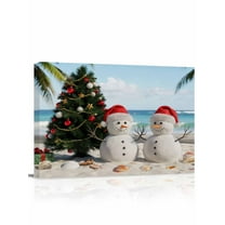Christmas Snowman Canvas Print Wall Art Abstract Xmas Tree Snowman on Beach Ocean Blue Sky Pictures Painting Morden Artwork for Living Room Bedroom, Ready to Hang - 12"x16"