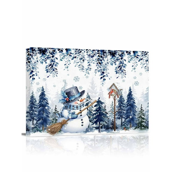 Christmas Snowman Canvas Print Wall Art Blue Tree Eucalyptus Leaves Watercolor Pictures Painting Morden Artwork for Living Room Bedroom, Ready to Hang - 12"x16"