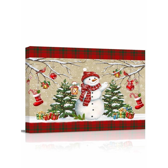 Christmas Snowman Canvas Print Wall Art Christmas Tree Xmas Gifts Retro Linen Plaid Pictures Painting Morden Artwork for Living Room Bedroom, Ready to Hang - 12"x16"
