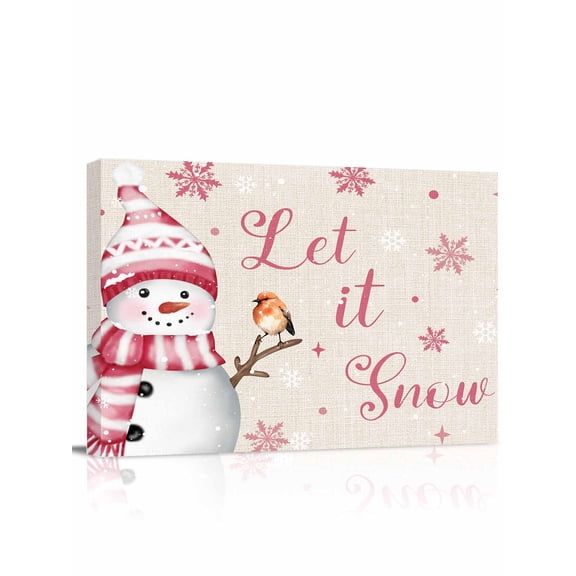 Christmas Snowman Canvas Print Wall Art Framed Canvas Art Wall Decor Bird Snowflake Winter Pink Linen Texture Pictures Painting Morden Artwork for Living Room Bedroom, Ready to Hang - 12"x16"