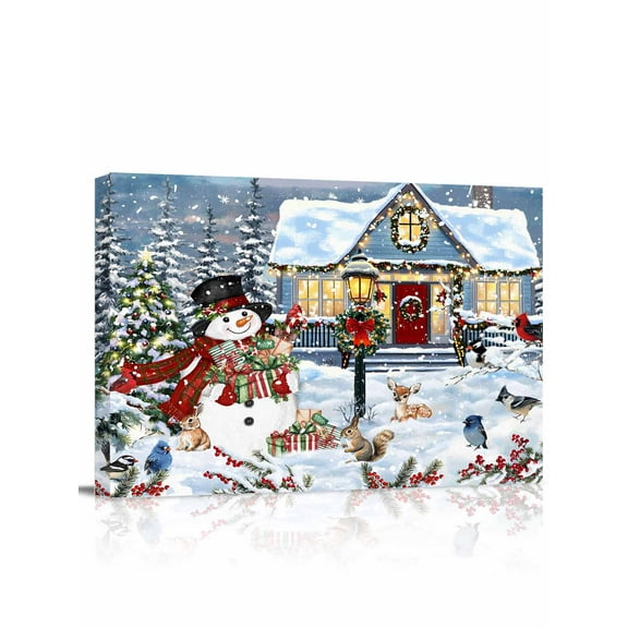 Christmas Snowman Canvas Print Wall Art Framed Canvas Art Wall Decor House Xmas Tree Winter Deer Rabbit Snowflake Pictures Painting Morden Artwork for Living Room Bedroom, Ready to Hang - 12"x16"