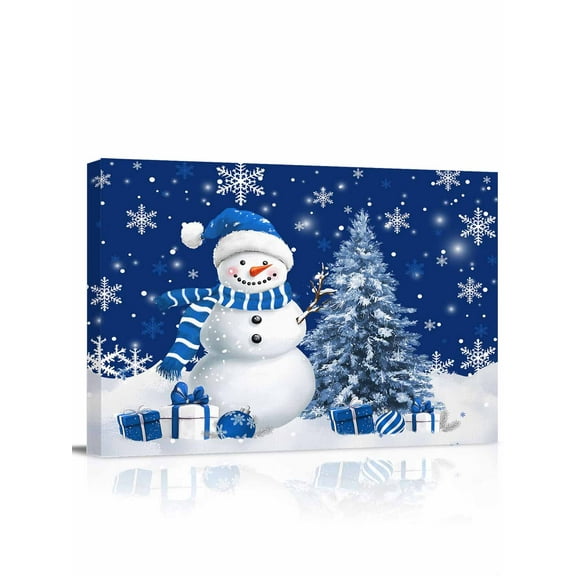 Christmas Snowman Canvas Print Wall Art Framed Canvas Art Wall Decor Snowman Xmas Tree Snowflakes Navy Blue Pictures Painting Morden Artwork for Living Room Bedroom, Ready to Hang - 12"x16"