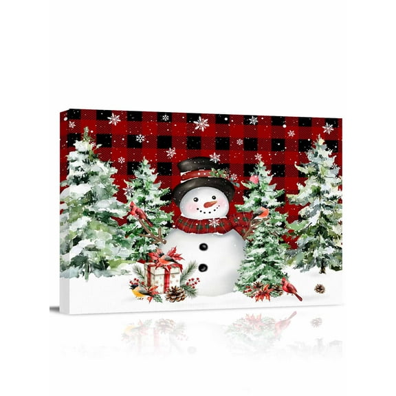 Christmas Snowman Canvas Print Wall Art Framed Canvas Art Wall Decor Winter Christmas Tree Cardinal Red plaid Pictures Painting Morden Artwork for Living Room Bedroom, Ready to Hang - 12"x16"