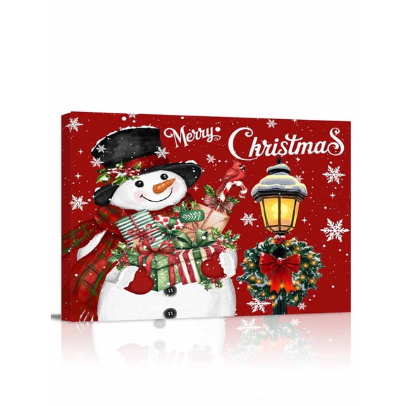 Christmas Snowman Canvas Print Wall Art Framed Canvas Art Wall Decor Xmas Box Winter Snow Wreaths Lights Red Pictures Painting Morden Artwork for Living Room Bedroom, Ready to Hang - 12"x16"