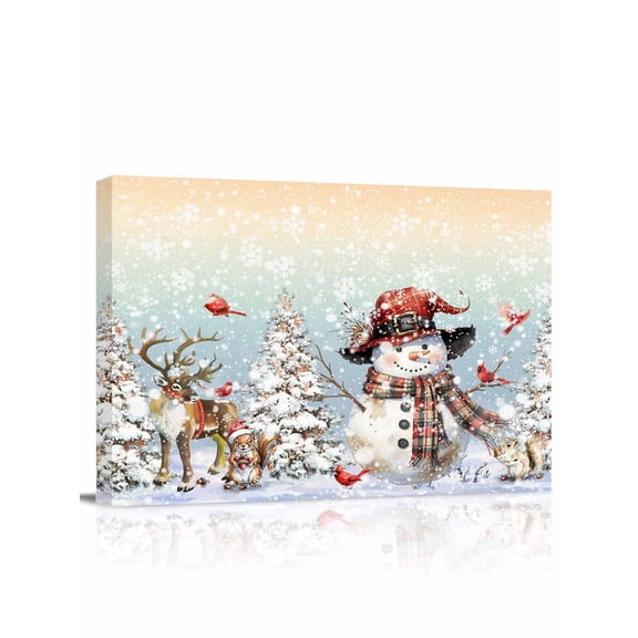 Christmas Snowman Canvas Print Wall Art Rainbow Xmas Tree Elk Winter Bird Pictures Painting Morden Artwork for Living Room Bedroom, Ready to Hang - 12"x16"