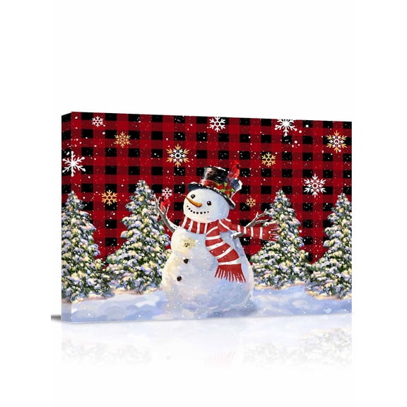 Christmas Snowman Canvas Print Wall Art Winter Christmas Tree Snowflake Red Plaid Pictures Painting Morden Artwork for Living Room Bedroom, Ready to Hang - 12"x16"