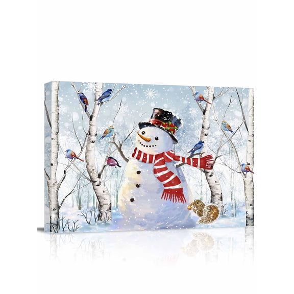 Christmas Snowman Canvas Print Wall Art Winter Forster Squirrels Xmas Bird Snowfall Pictures Painting Morden Artwork for Living Room Bedroom, Ready to Hang - 12"x16"