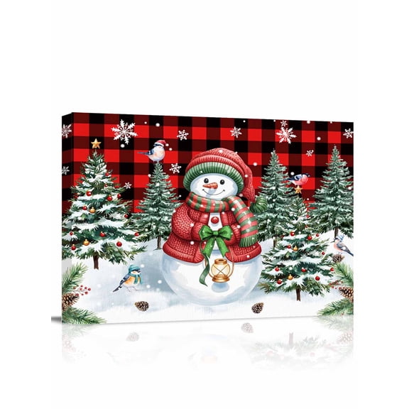 Christmas Snowman Canvas Print Wall Art Winter Xmas Trees Bird Snowflakes Red Plaid Pictures Painting Morden Artwork for Living Room Bedroom, Ready to Hang - 12"x16"