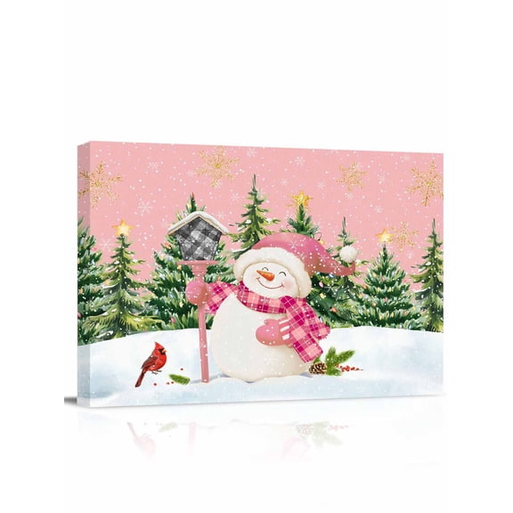 Christmas Snowman Canvas Print Wall Art Xmas Tree Forest Snowflake Bird Snowing Pink Pictures Painting Morden Artwork for Living Room Bedroom, Ready to Hang - 12"x16"