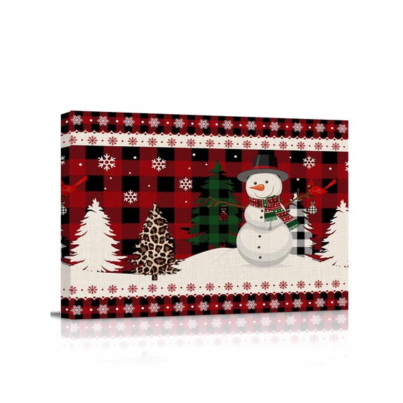 Christmas Snowman Canvas Print Wall Art Xmas Tree Snowflake Red Plaid Pictures Painting Morden Artwork for Living Room Bedroom, Ready to Hang - 12"x16"