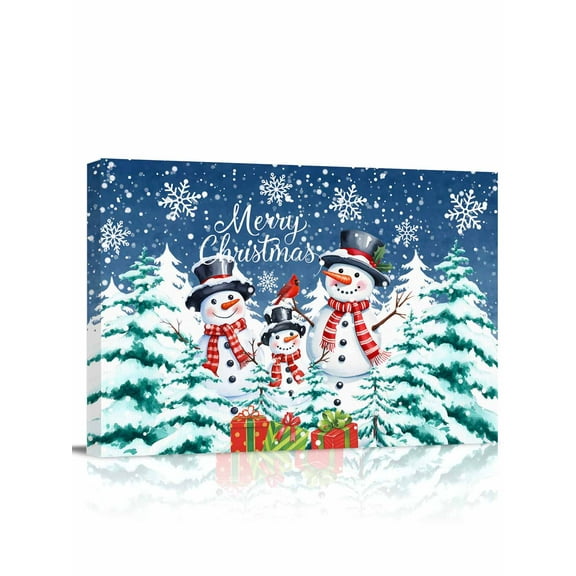 Christmas Snowman Canvas Print Wall Art Xmas Trees Gifts Cardinal Bird Winter Snowflakes Light Blue Pictures Painting Morden Artwork for Living Room Bedroom, Ready to Hang - 12"x16"