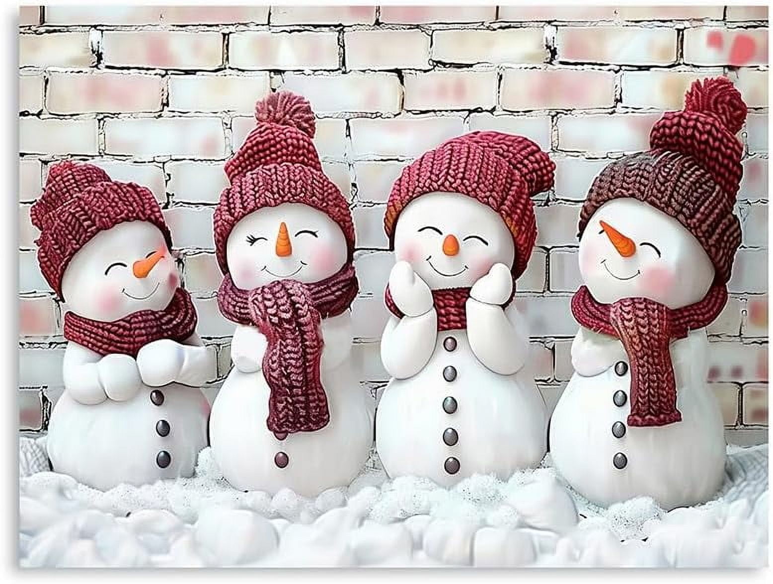 Christmas Snowman Canvas Wall Art - 4 Cute Cartoon Snowmen Christmas Pictures Wall Decor - Red and White Xmas Holiday Room Decorations - Framed Christmas Poster Print 16x12 Inch