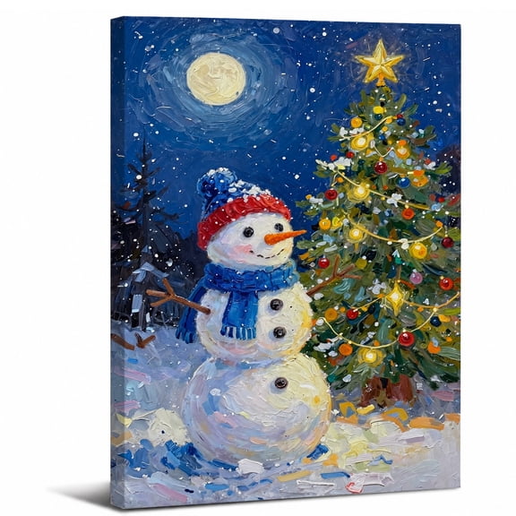 Christmas Snowman Canvas Wall Art Framed,Winter Night Holiday Red Blue Hat and Scarf canvas print for bathroom bedroom or living room decor,8x12in