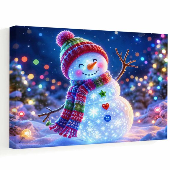 Christmas Snowman Canvas Wall Art, Winter Night Colorful Ball Snowflake Star Love Wall Art Prints Artwork Framed Canvas Ready to Hang Art Pictures for Bathroom Nightstand, Narrow Hallway 14" x 11"