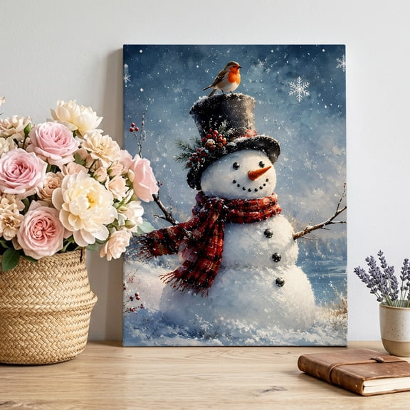 Christmas Snowman Canvas Wall Art, Winter Whimsical Top Hat Snowman Plaid Scarf Bird Pictures Wall Decor Wooden Framed Artwork Art Prints for Living Room Hallway Bedroom Office 12"x18"