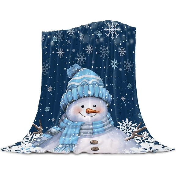 Christmas Snowman with Cap Blanket Super Soft Flannel Fleece White Snowflake Blanket Lightweight Cozy Warm Fuzzy Plush Navy Blue Light Blue Microfiber Blankets for Couch Bed Sofa 40x50inch