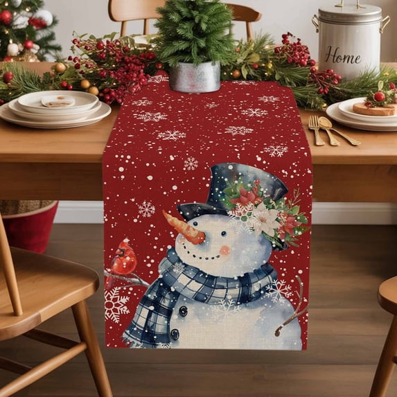 Christmas Snowman Cardinal on Red Table Runner 13x70in Non-Slip Cotton Linen Table Runners, Winter Snowflake Seamless Dresser Scarves TableRunner for Dinner Kitchen Dining Wedding Party