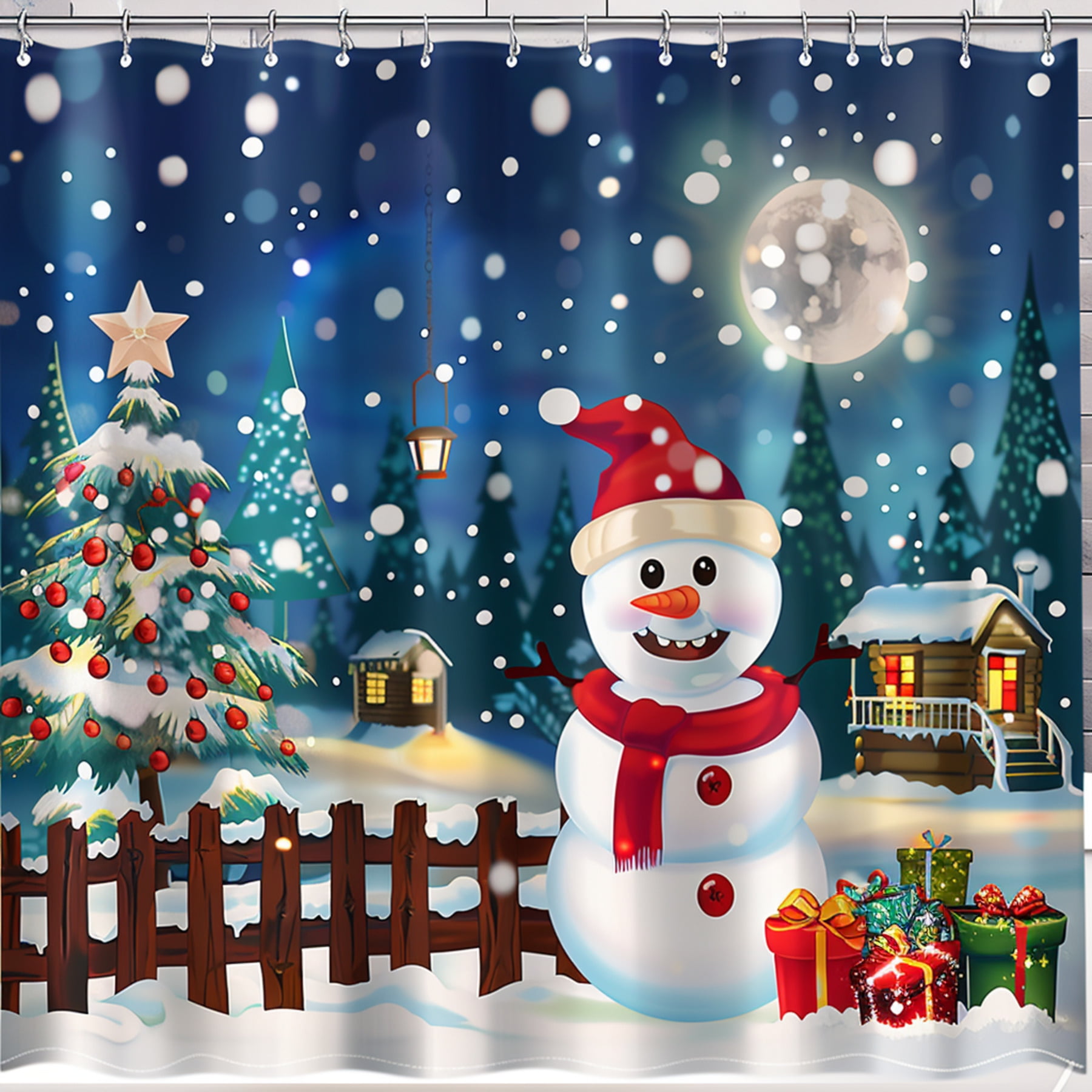 Christmas Snowman Cartoon Shower Curtain Set with Festive Winter Scene