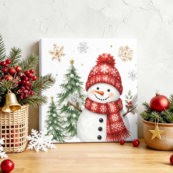 Christmas Snowman Cartoon Style Canvas Artwork Painting Art, Xmas Pine Tree Snowflake Square Framed Wall Decorations Prints Picture for Bedroom Kitchen Living Room, 8x8 in