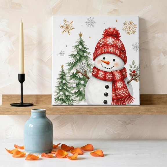 Christmas Snowman Cartoon Style Canvas Wall Art, Framed Wall Art Waterproof Canvas Prints Paintings 8"x8", Xmas Pine Tree Snowflake Oil Painting for Bedroom Living Room Bathroom Home Decor