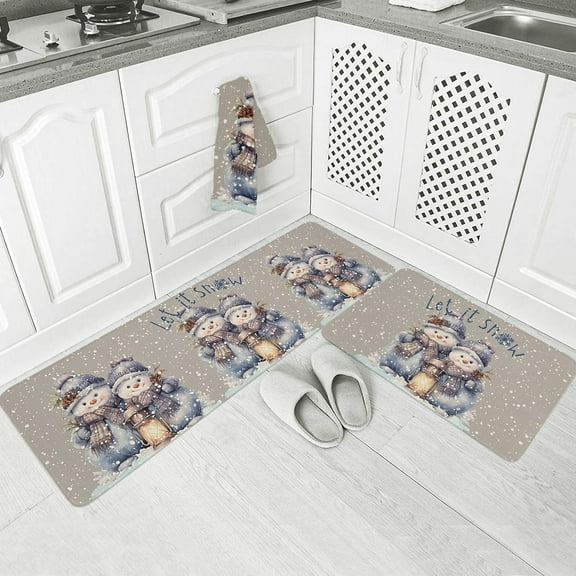 Christmas Snowman Cartoon Theme Kitchen Floor Mats, Let Snow Texts 2 PCS Anti Fatigue Area Runner Rugs Set Grey Non-Slip Bathroom Comfort Standing Mat Home Decor