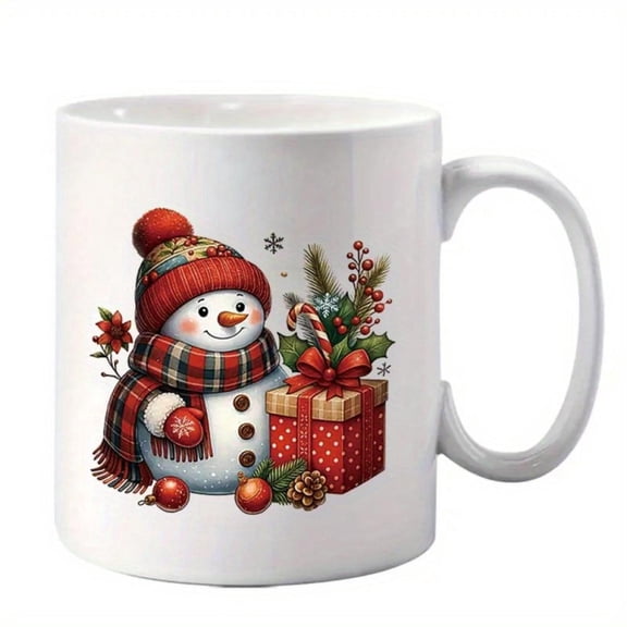 Christmas Snowman Ceramic Coffee Mug with Scarf & Berries Design - 11oz Hot/Cold Drink Cup, Candy Cane & Pine Accents, Dishwasher Safe, Festive Gift Box for Holiday Season