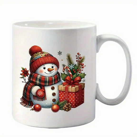Christmas Snowman Ceramic Coffee Mug with Scarf & Berries Design - 11oz Hot/Cold Drink Cup, Candy Cane & Pine Accents, Dishwasher Safe, Festive Gift Box for Holiday Season