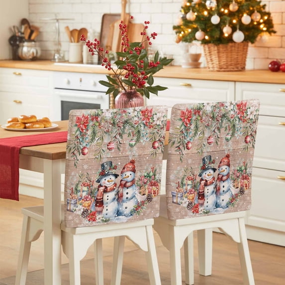Christmas Snowman Chair Covers Set of 1 Winter Poinsettia Leaf Xmas Balls Brown Wood Chair Back Covers Stretch Removable Washable Slipcovers Protector for Dining Room Kitchen Party Decor