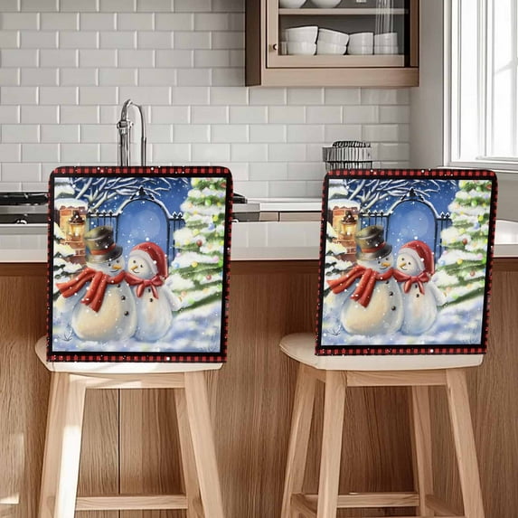 Christmas Snowman Chair Covers Set of 6 Warm Scene Illustration Red Plaid Chair Back Covers Stretch Removable Washable Slipcovers Protector for Dining Room Kitchen Party Decor
