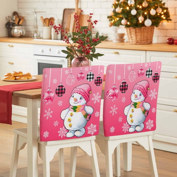 Christmas Snowman Chair Covers Set of 6 Winter Ball Snowflake Pink Decoration Chair Back Covers Stretch Removable Washable Slipcovers Protector for Dining Room Kitchen Party Decor