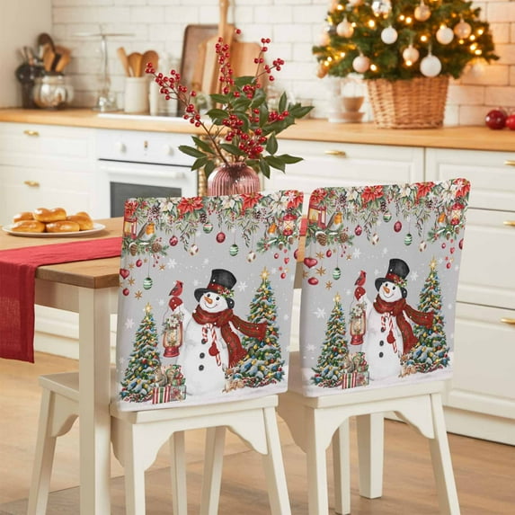 Christmas Snowman Chair Covers Set of 6 Xmas Tree Poinsettia Balls Winter Snowflake Gray Chair Back Covers Stretch Removable Washable Slipcovers Protector for Dining Room Kitchen Party Decor