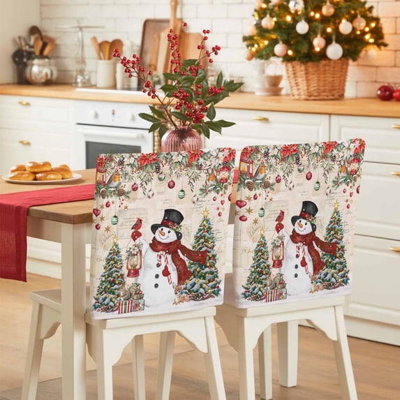 Christmas Snowman Chair Covers Set of 6 Xmas Tree Poinsettia Balls Winter Vintage Chair Back Covers Stretch Removable Washable Slipcovers Protector for Dining Room Kitchen Party Decor