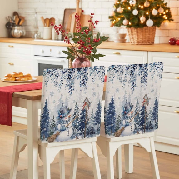 Christmas Snowman Chair Covers Set of 8 Blue Tree Eucalyptus Leaves Vintage Linen Chair Back Covers Stretch Removable Washable Slipcovers Protector for Dining Room Kitchen Party Decor