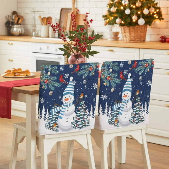 Christmas Snowman Chair Covers Set of 8 Classic Winter Christmas Tree Deep Blue Chair Back Covers Stretch Removable Washable Slipcovers Protector for Dining Room Kitchen Party Decor