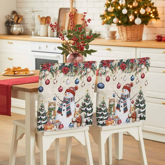 Christmas Snowman Chair Covers Set of 8 Squirrel Cat Xmas Tree Ball Retro Chair Back Covers Stretch Removable Washable Slipcovers Protector for Dining Room Kitchen Party Decor
